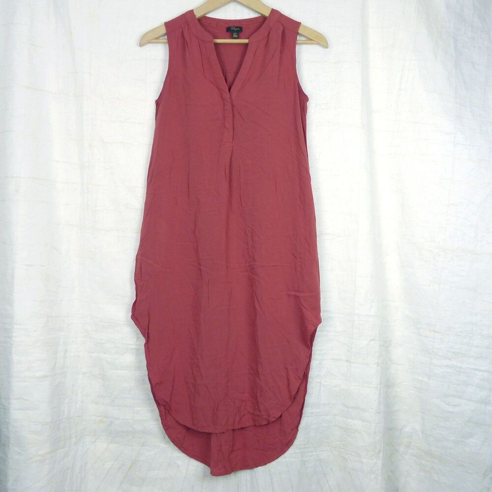 Cupio Womens Sleeveless Shift Dress S Dusty Rose V Neck Hi Low Hem 100% Viscose